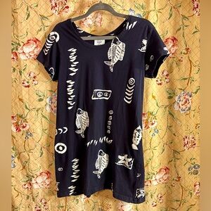 Beach Coverup Dress 🌊 Navy & White Ocean All Over Print Cotton Size Small 🐟🐠🐟🐠